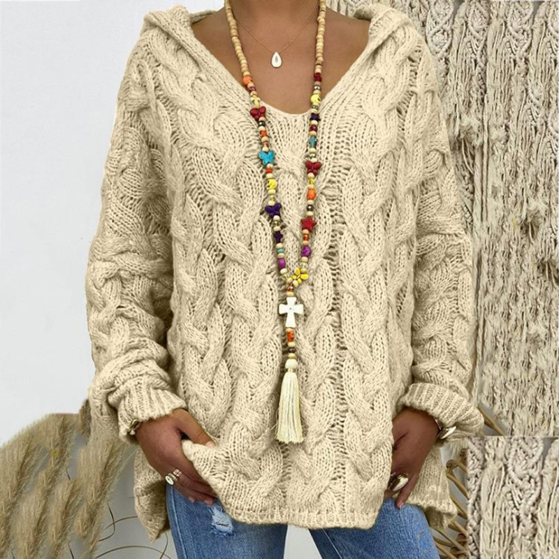 Solid V-Neck Knitted Loose Pullover Hooded Sweater