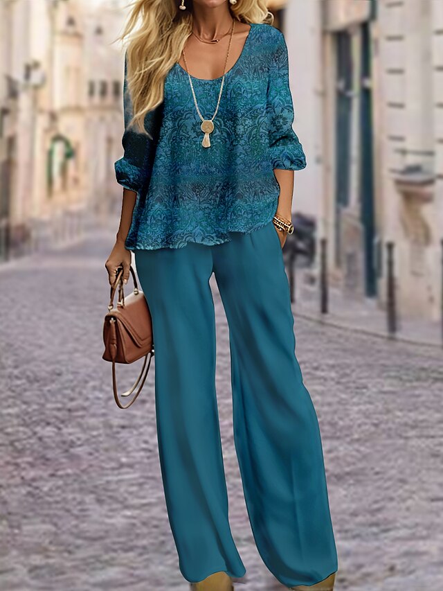 Women's Shirt Pants Sets Red Blue Brown Graphic Print Long Sleeve Casual Daily Fashion Round Neck Regular Fit Spring &  Fall