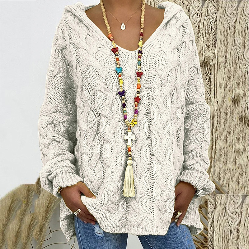 Solid V-Neck Knitted Loose Pullover Hooded Sweater