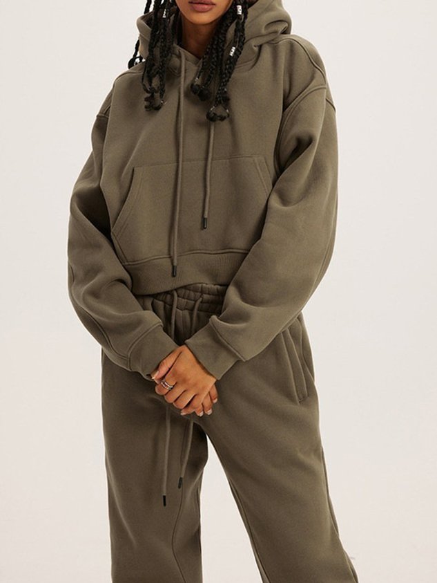 Casual Plain Hoodie Regular Fit Two-Piece Set