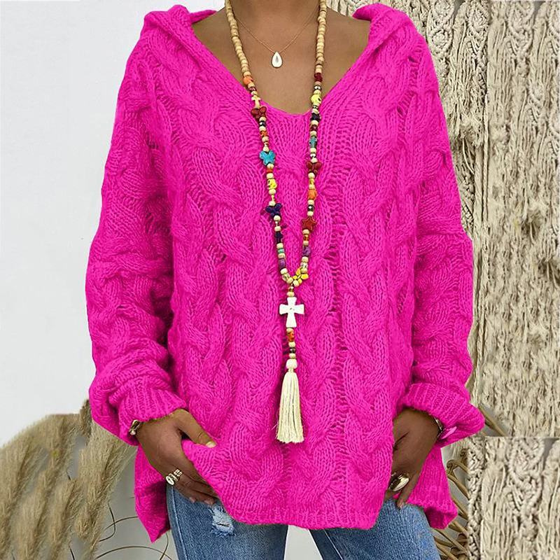 Solid V-Neck Knitted Loose Pullover Hooded Sweater