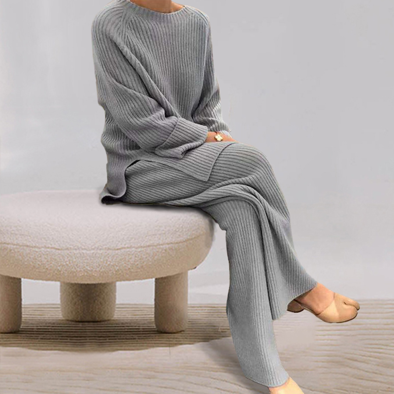 Long sleeve solid color knitted casual two-piece set