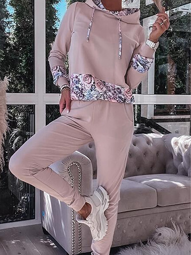 Women's Loungewear Sweatshirt Pullover Sets 2 Pieces Patchwork Flower Simple Casual Comfort Home Daily Vacation Polyester Breathable Long Sleeve Hoodie Pant Pocket Elastic Waist Hoodie Fall Winter