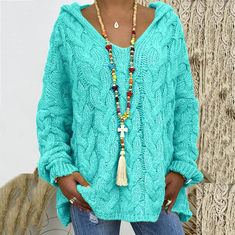 Solid V-Neck Knitted Loose Pullover Hooded Sweater