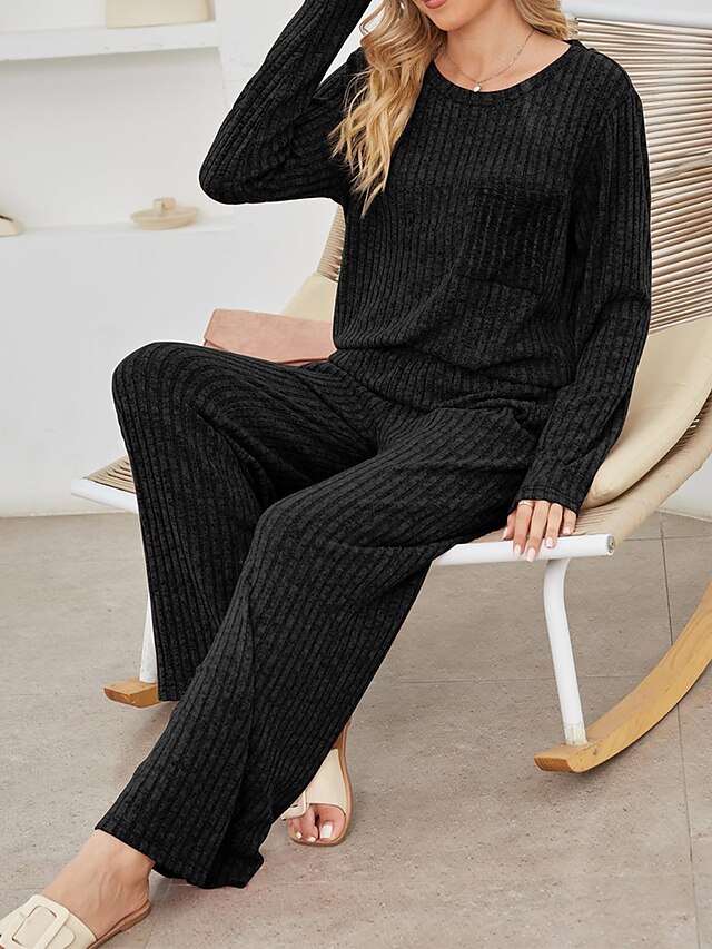 Women's Pajamas Sets Pure Color Casual Comfort Home Bed Polyester Breathable Lapel Long Sleeve Sweater Pant Pocket Fall Winter Black Red