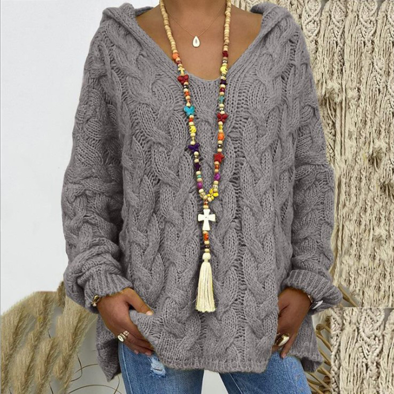 Solid V-Neck Knitted Loose Pullover Hooded Sweater