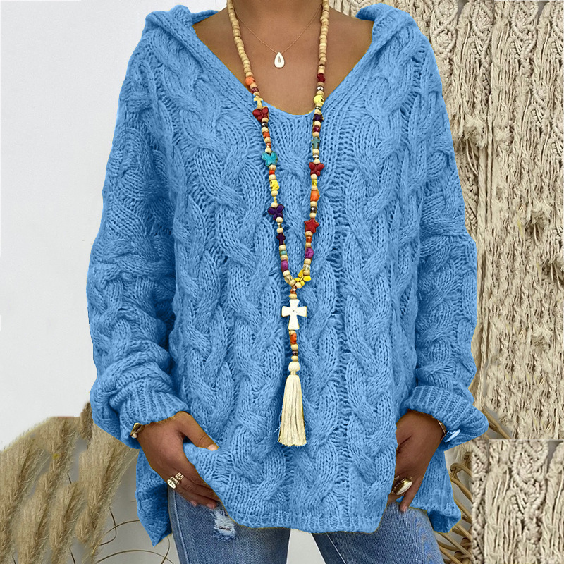 Solid V-Neck Knitted Loose Pullover Hooded Sweater