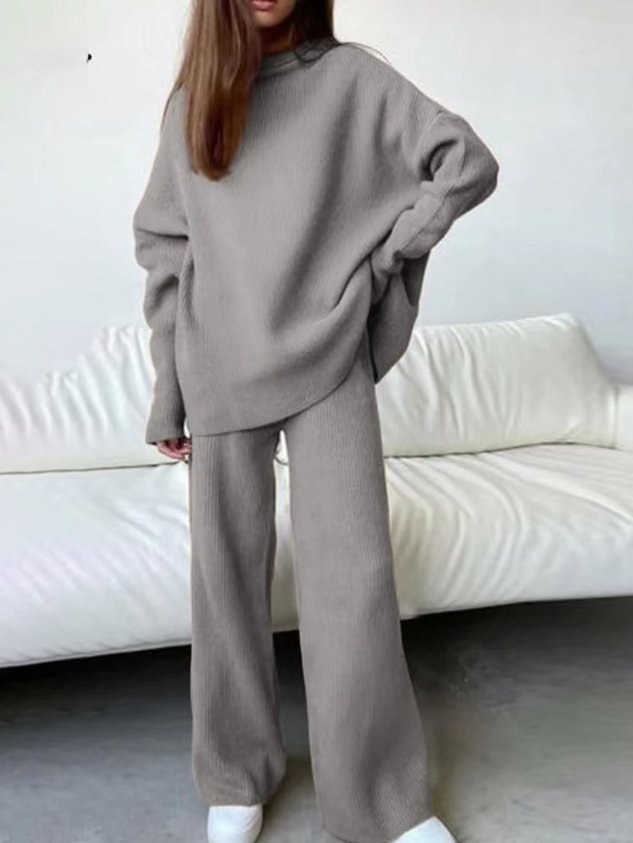 Women Plain Turtleneck Long Sleeve Comfy Casual Top With Pants Two-Piece Set