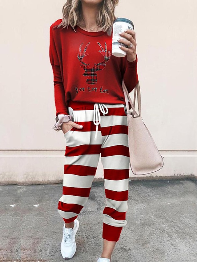 Women's Christmas Loungewear Sets Santa Claus Elk Sport Casual Comfort Home Christmas Daily Cotton Blend Breathable Lapel Long Sleeve Hoodie Pant Pocket Fall Winter Black White