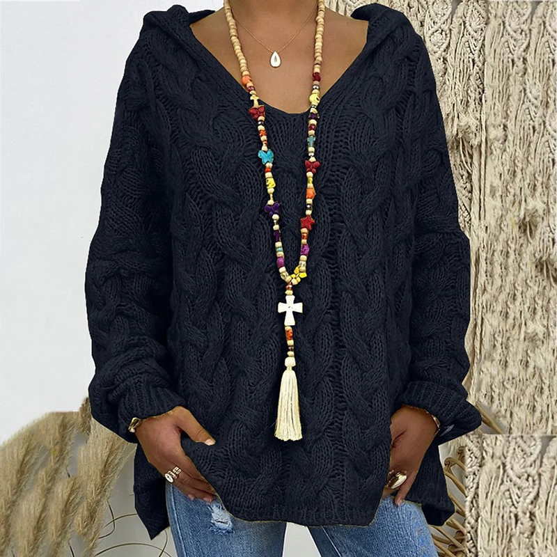 Solid V-Neck Knitted Loose Pullover Hooded Sweater