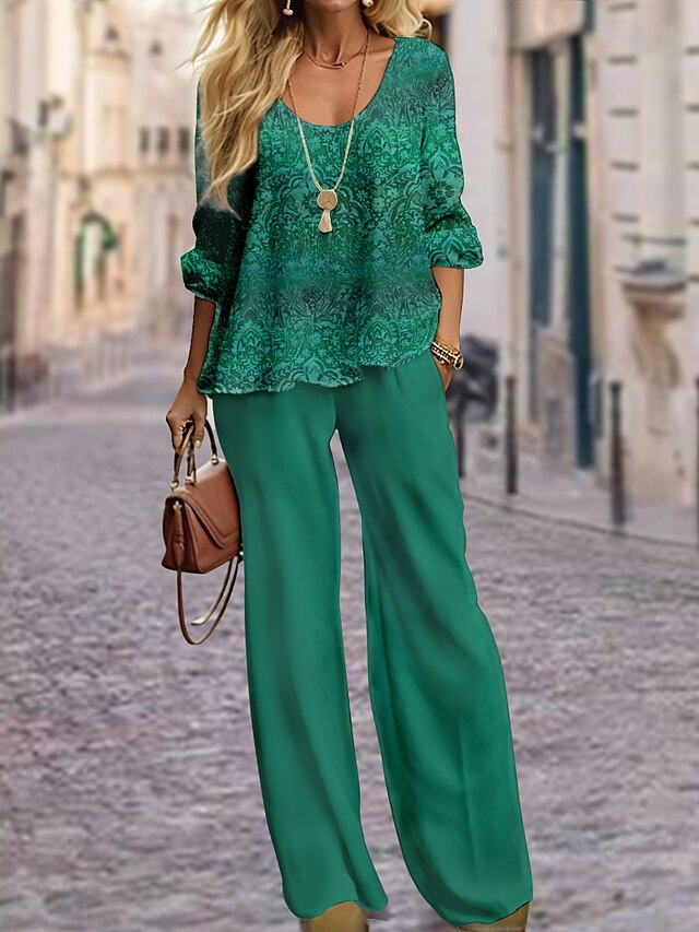Women's Shirt Pants Sets Red Blue Brown Graphic Print Long Sleeve Casual Daily Fashion Round Neck Regular Fit Spring &  Fall