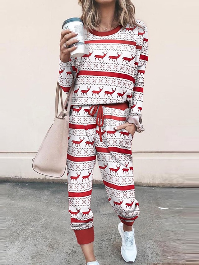 Women's Christmas Loungewear Sets Santa Claus Elk Sport Casual Comfort Home Christmas Daily Cotton Blend Breathable Lapel Long Sleeve Hoodie Pant Pocket Fall Winter Black White