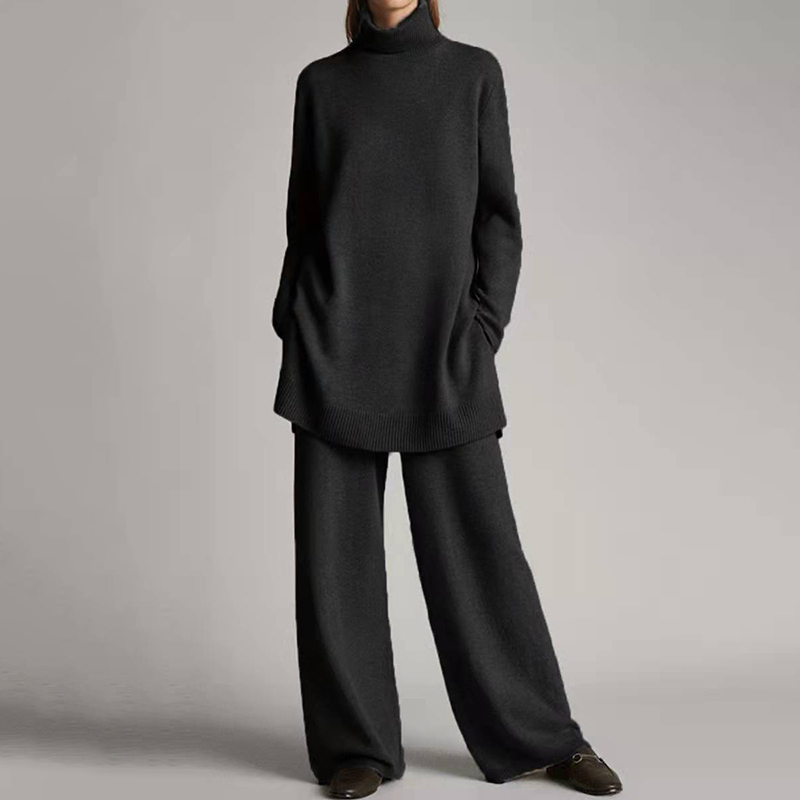 Knitted Solid Color Turtleneck Loose Casual Two Piece Set