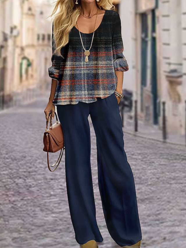 Women's Shirt Pants Sets Red Dark Navy Green Plaid Print Long Sleeve Casual Daily Fashion Round Neck Regular Fit Spring &  Fall