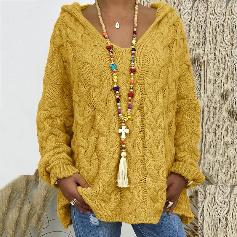 Solid V-Neck Knitted Loose Pullover Hooded Sweater