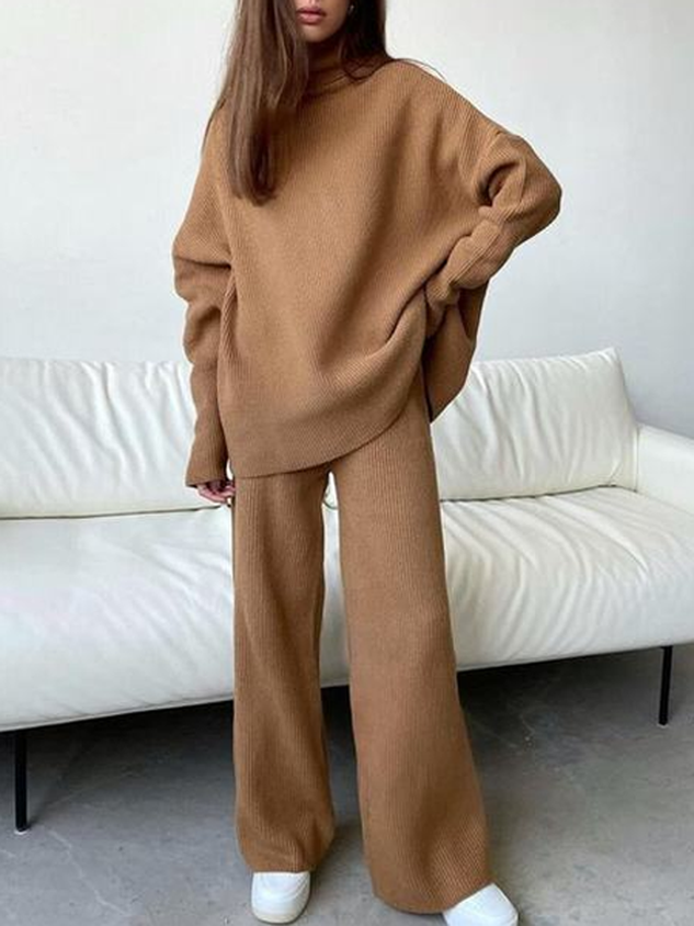 Women Plain Turtleneck Long Sleeve Comfy Casual Top With Pants Two-Piece Set