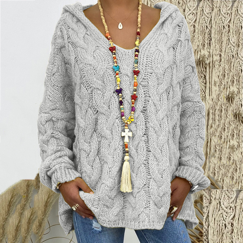 Solid V-Neck Knitted Loose Pullover Hooded Sweater