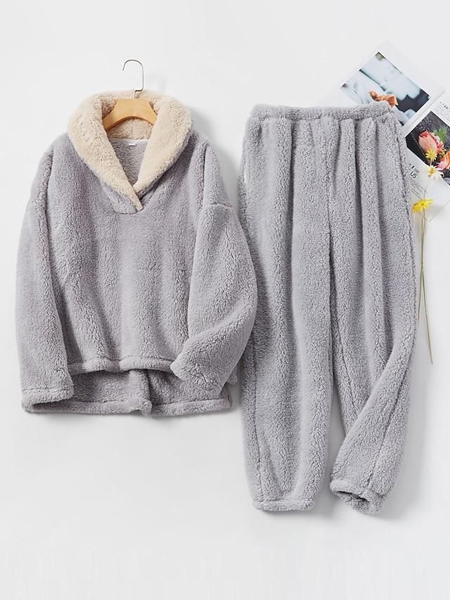 Women's Loungewear Sets Pure Color Plush Casual Comfort Home Daily Going out Fleece Warm Hoodie Long Sleeve Pant Fall Winter Gray