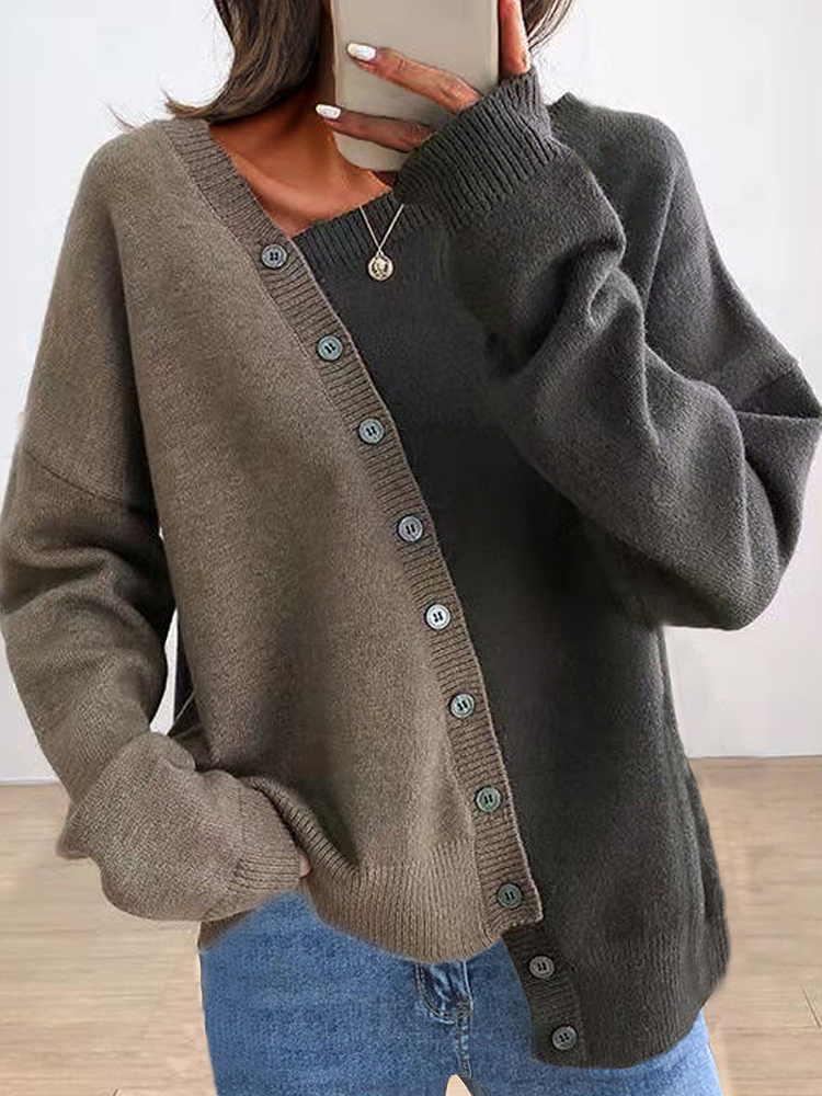 Vintage Asymmetric Button Color Block Comfy Sweater