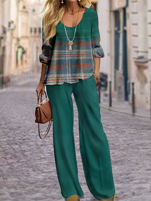 Women's Shirt Pants Sets Red Dark Navy Green Plaid Print Long Sleeve Casual Daily Fashion Round Neck Regular Fit Spring &  Fall