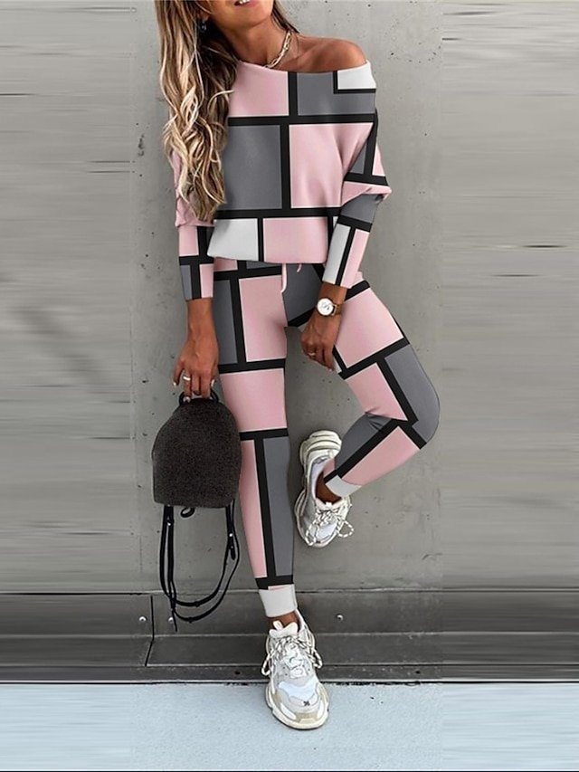 Women's Pajamas Sets Grid / Plaid Fashion Casual Comfort Home Daily Bed Polyester Breathable Crew Neck Long Sleeve Pullover Pant Fall Winter Pink Blue