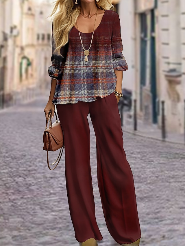Women's Shirt Pants Sets Red Dark Navy Green Plaid Print Long Sleeve Casual Daily Fashion Round Neck Regular Fit Spring &  Fall