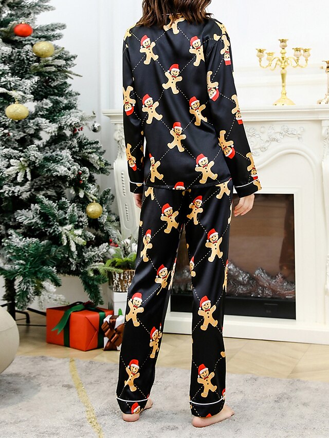 Women's Pajamas Sets Cartoon Color Combo Simple Casual Comfort Home Christmas Bed Satin Breathable Lapel Long Sleeve Shirt Pant Button Pocket Fall Winter Black