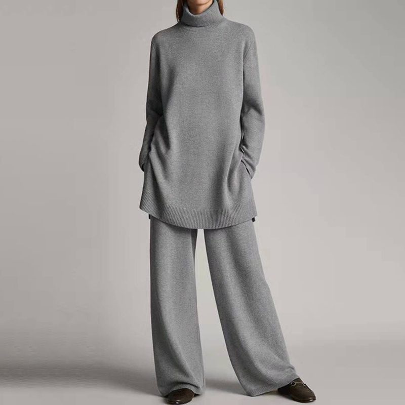 Knitted Solid Color Turtleneck Loose Casual Two Piece Set