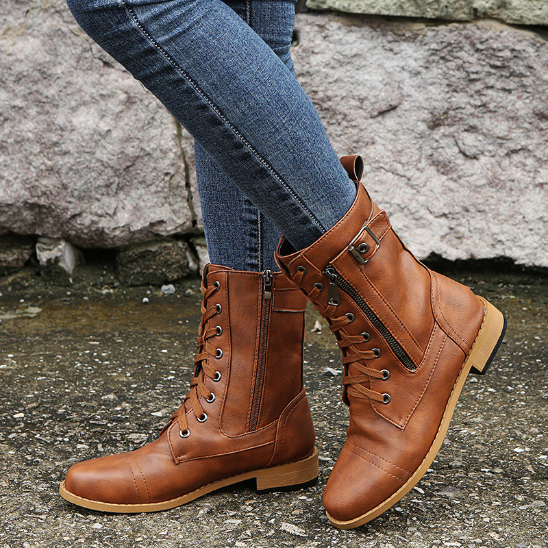 Casual Solid Color Lace Up Boots