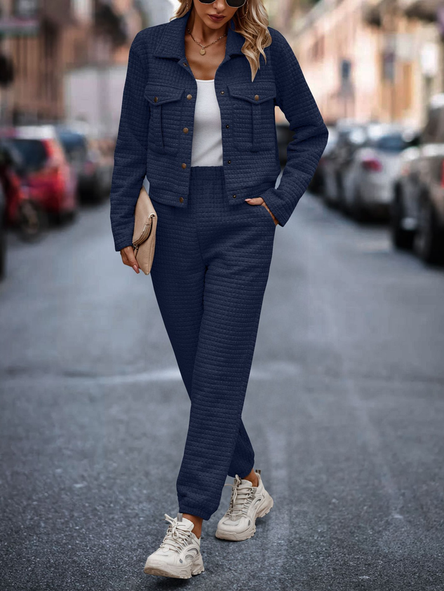 Women Plain Shawl Collar Long Sleeve Comfy Casual Coat With Pants Two-Piece Set
