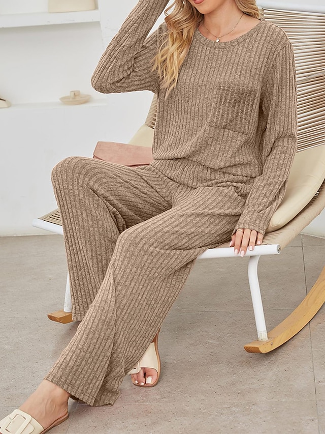 Women's Pajamas Sets Pure Color Casual Comfort Home Bed Polyester Breathable Lapel Long Sleeve Sweater Pant Pocket Fall Winter Black Red