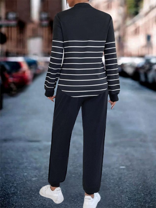 Striped Zipper Long Sleeve Casual Two-Piece Set
