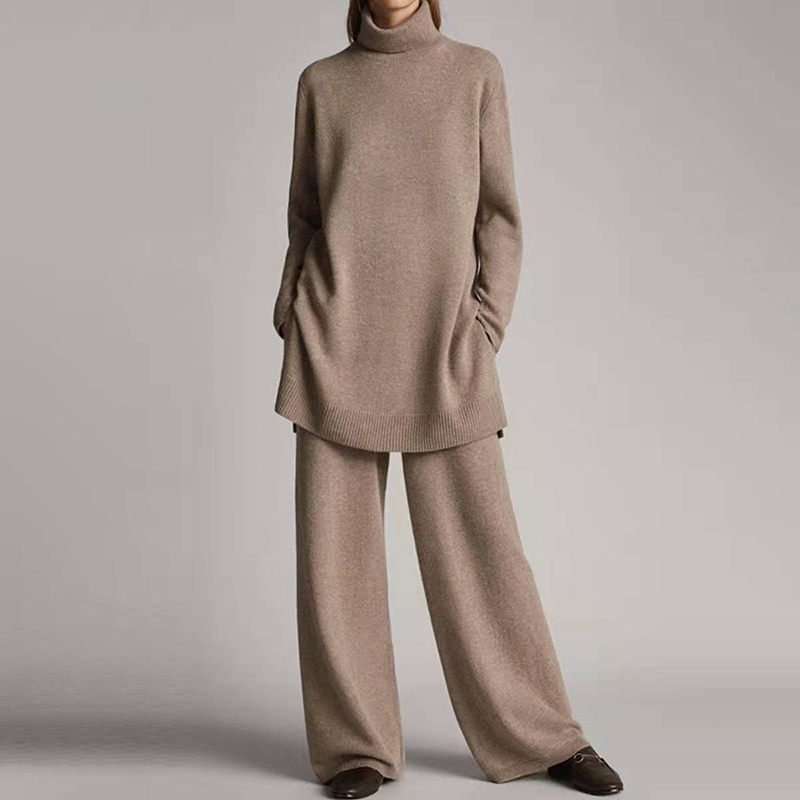 Knitted Solid Color Turtleneck Loose Casual Two Piece Set