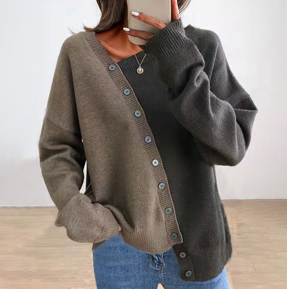Vintage Asymmetric Button Color Block Comfy Sweater
