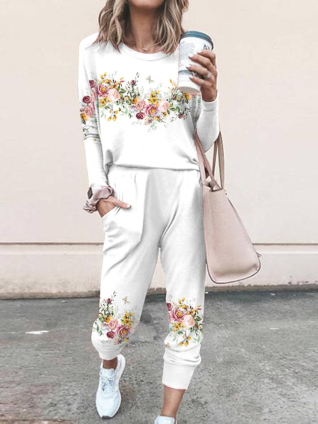 Women's Sets 2 Pieces Geometic Flower Casual Comfort Home Daily Polyester Breathable Crew Neck Long Sleeve Pullover Pant Pocket Fall Winter Light Pink White