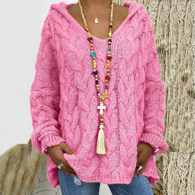 Solid V-Neck Knitted Loose Pullover Hooded Sweater