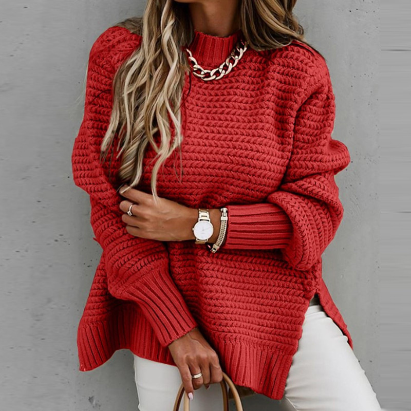 Simple Long Sleeved Thick Needle Tied Hand Side Slit Knit Sweater