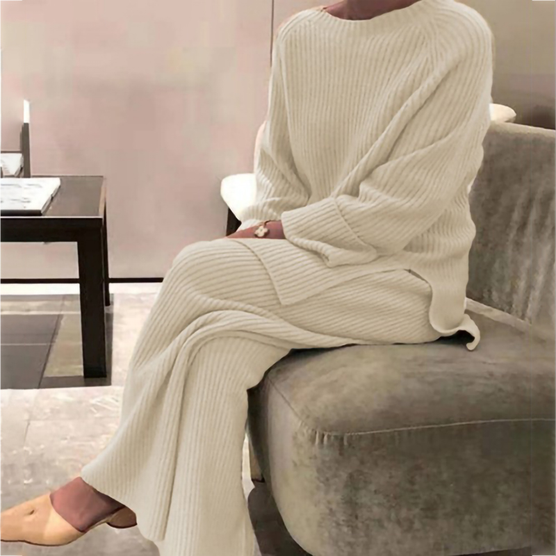 Long sleeve solid color knitted casual two-piece set