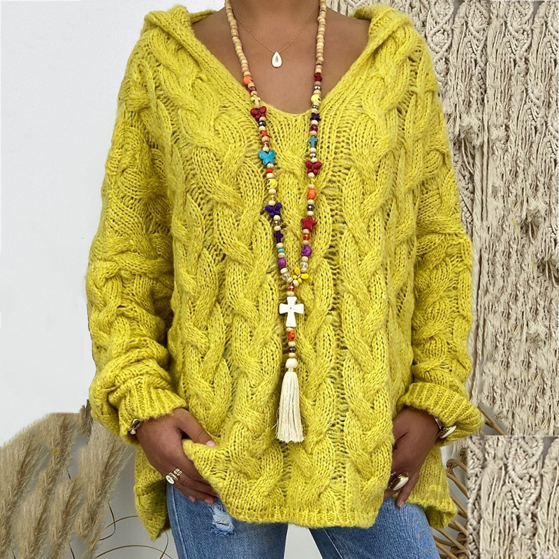 Solid V-Neck Knitted Loose Pullover Hooded Sweater