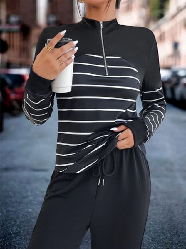 Striped Zipper Long Sleeve Casual Two-Piece Set