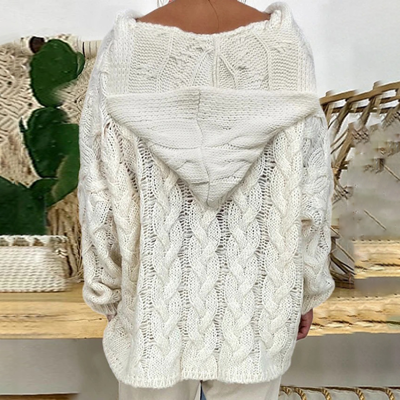 Solid V-Neck Knitted Loose Pullover Hooded Sweater