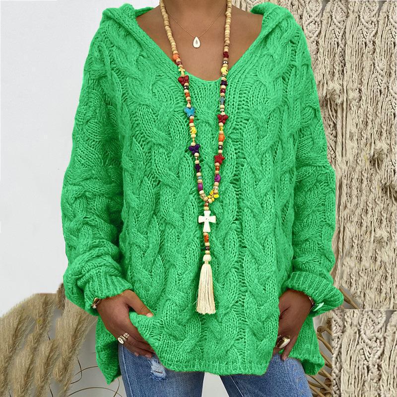 Solid V-Neck Knitted Loose Pullover Hooded Sweater