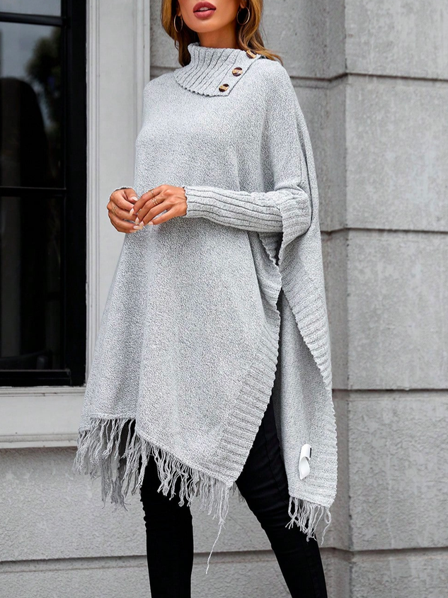 Turtleneck Casual Turtleneck Batwing Sleeve Fringe Hem Sweater