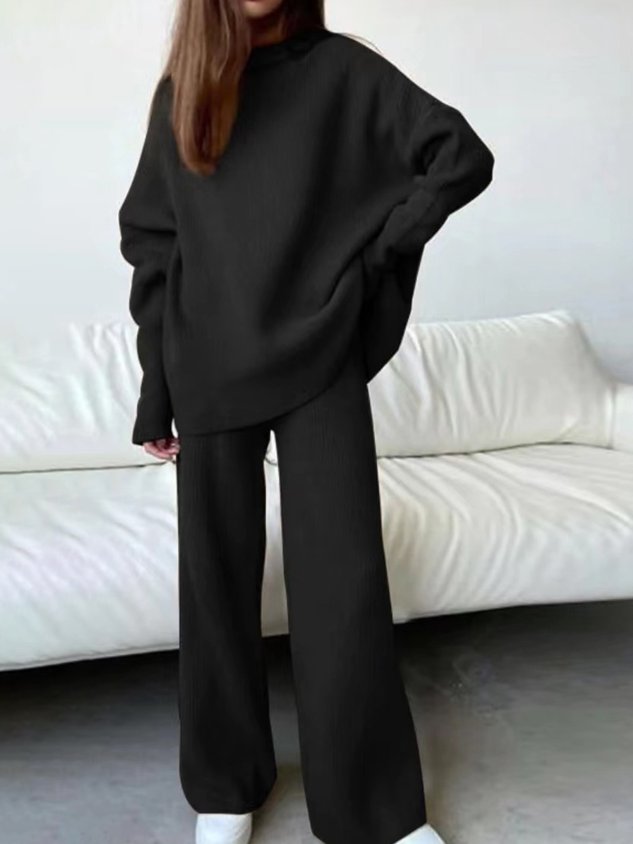 Women Plain Turtleneck Long Sleeve Comfy Casual Top With Pants Two-Piece Set
