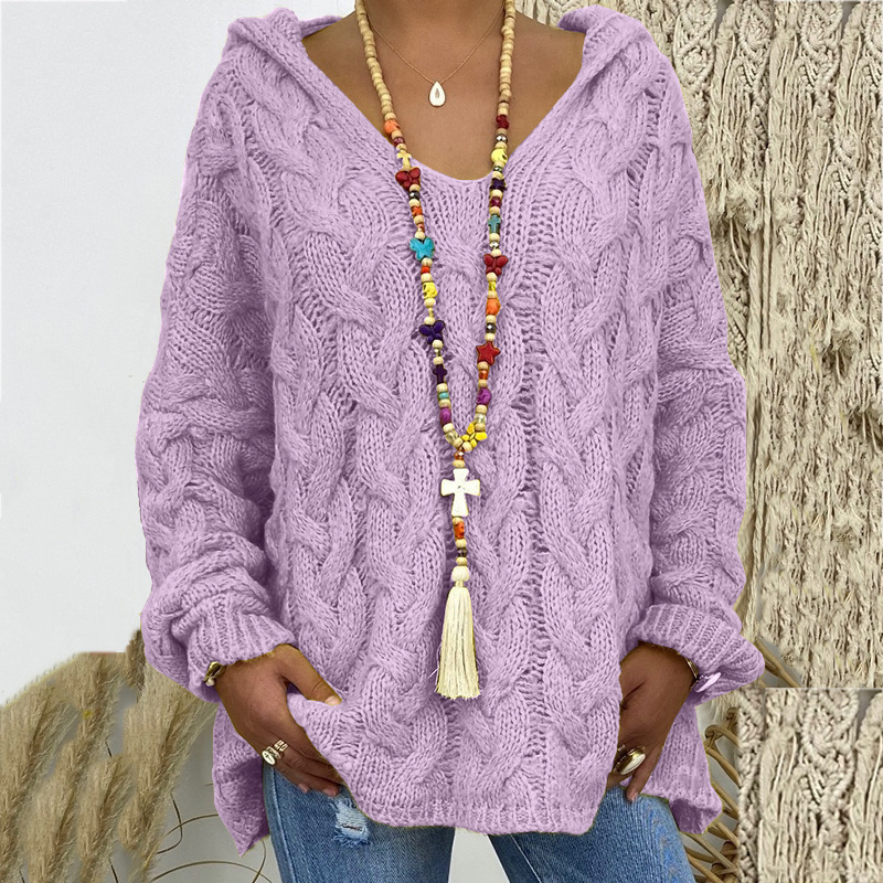 Solid V-Neck Knitted Loose Pullover Hooded Sweater