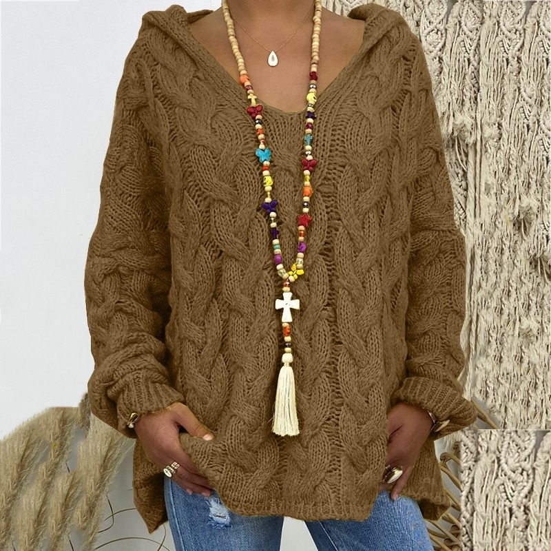 Solid V-Neck Knitted Loose Pullover Hooded Sweater