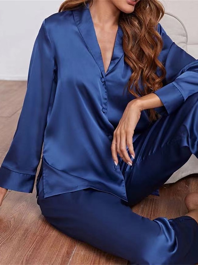 Women's Pajamas Sets Pure Color Simple Casual Comfort Home Daily Bed Satin Breathable V Wire Long Sleeve Shirt Pant Button Fall Winter Black Champagne