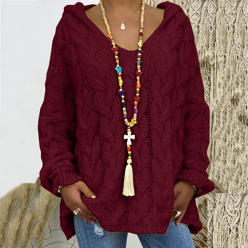 Solid V-Neck Knitted Loose Pullover Hooded Sweater