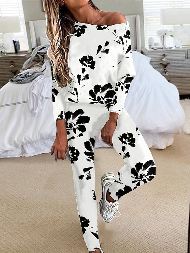 Women's Sweatsuits Floral Pattern Lounge Sets Flower Sport Comfort Home Street Vacation Polyester Crew Neck Long Pant Pullover Fall Winter Black White