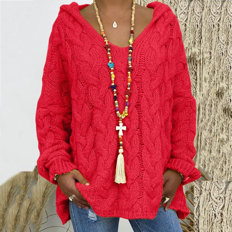 Solid V-Neck Knitted Loose Pullover Hooded Sweater